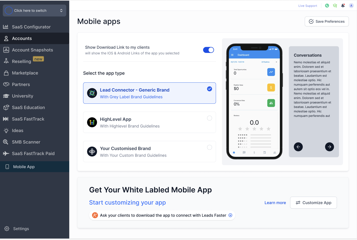 GoHighLevel mobile app configuration screen inside the SaaS Configurator showing app type selection: Lead Connector, HighLevel App, or Your Customised Brand options