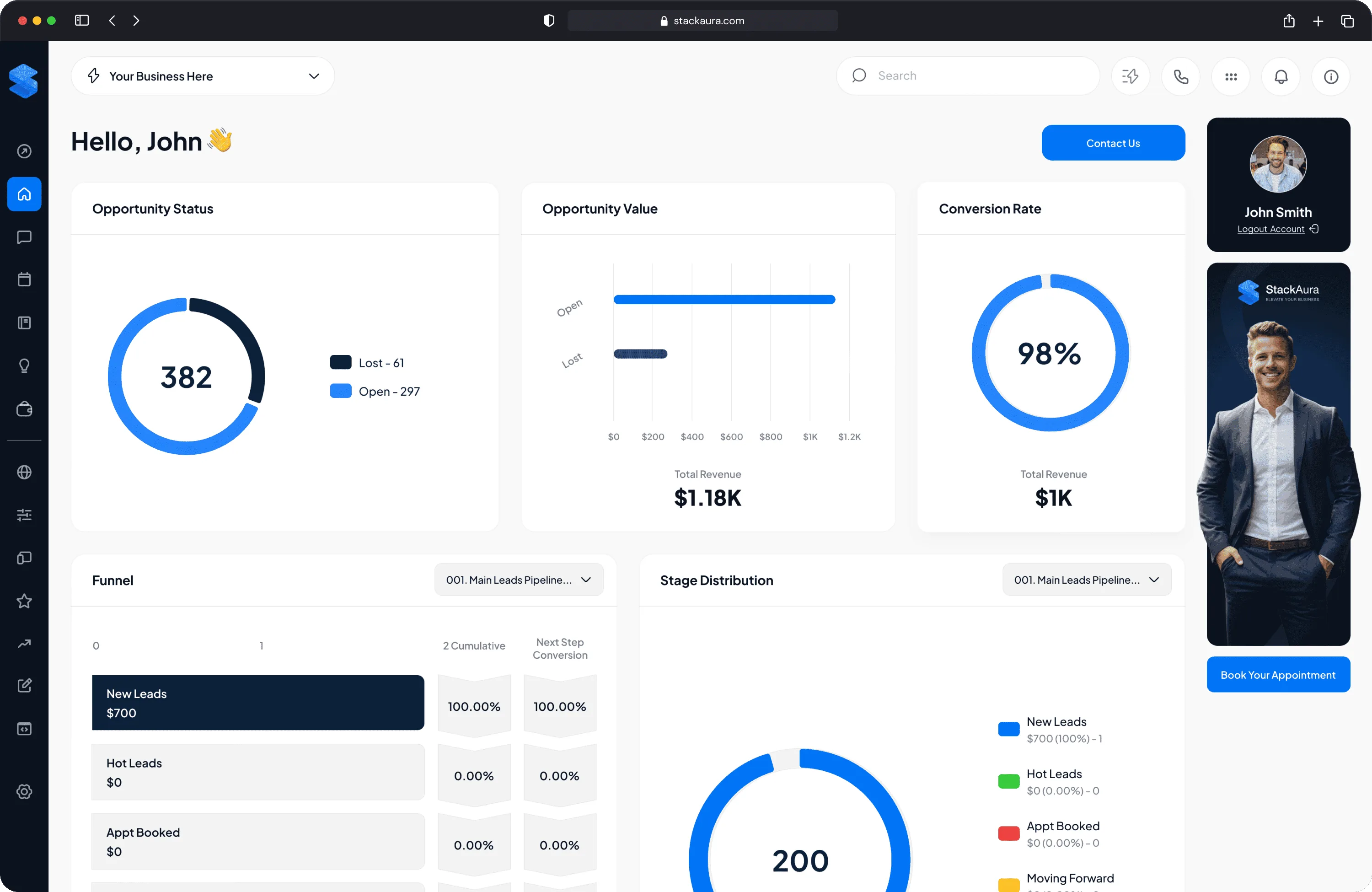 GoHighLevel white-labeled StackAura CRM dashboard with blue branding showing Opportunity Status, Opportunity Value, Conversion Rate and Funnel analytics