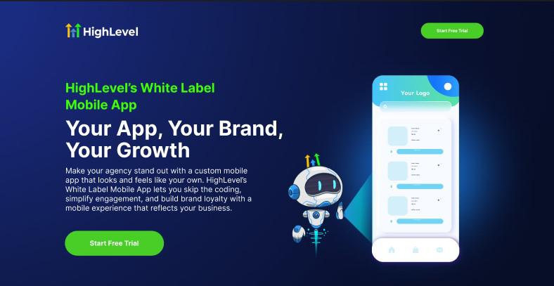 GoHighLevel white label mobile app marketing page showing 'Your App, Your Brand, Your Growth' — custom iOS and Android app with agency logo